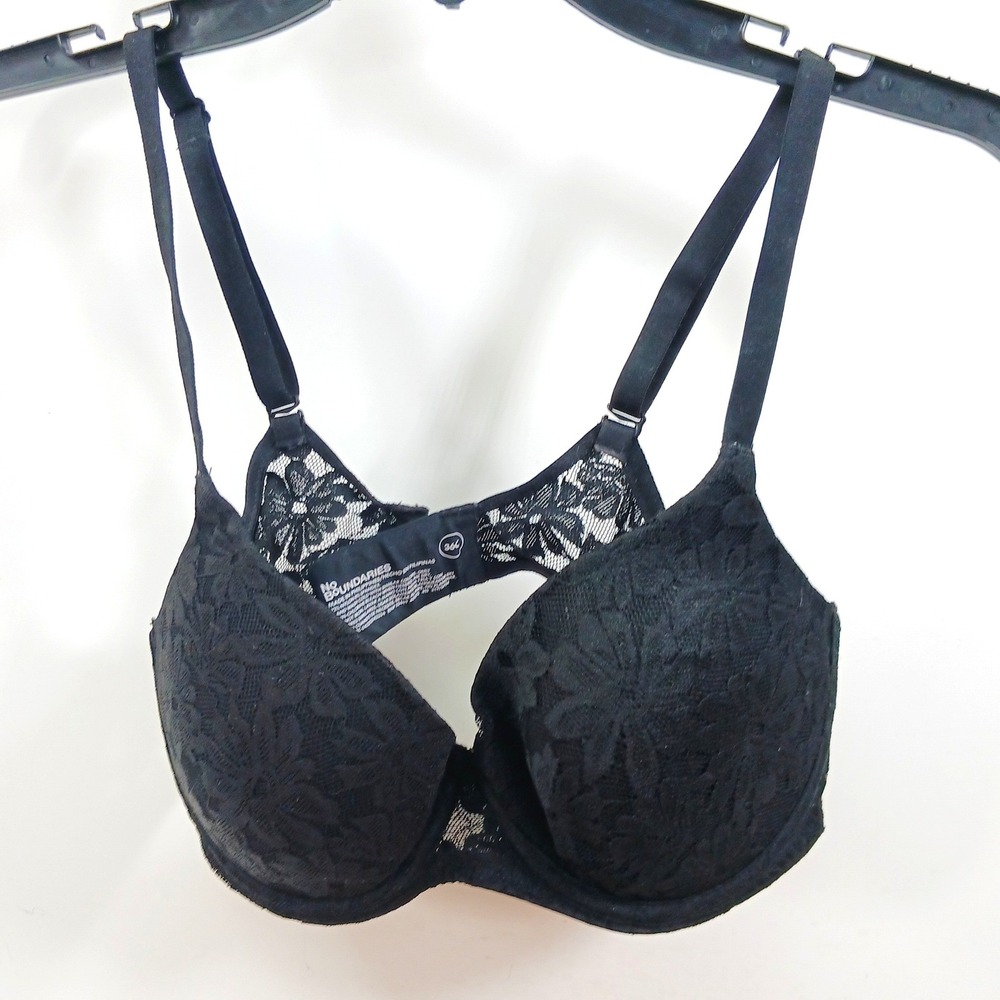 No Boundaries Black Floral Lace Underwire Bra 36C Racerback Style Wing